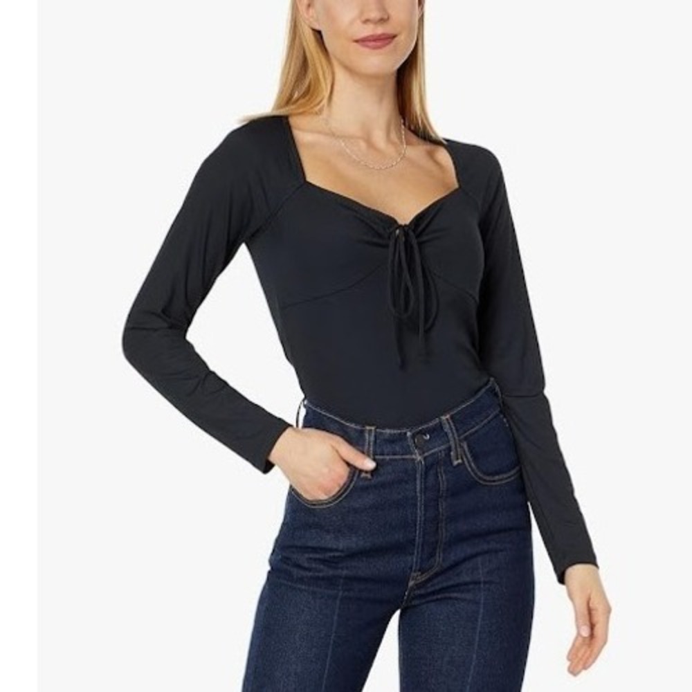XL LUCKY BRAND Black tie front keyhole sweetheart ribbed long sleeve top fitted‎